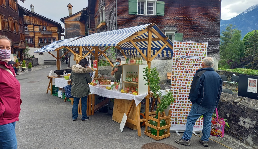  Besucherinnen und Besucher können am Markt Pflanzen kaufen und Cider probieren. 