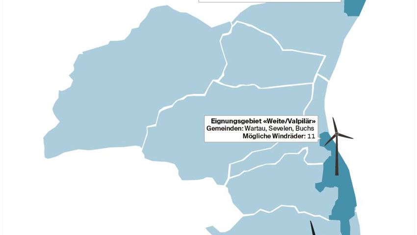 Drei vom Kanton St. Gallen festgelegte Eignungsgebiete liegen auf Werdenberger Boden. Das Gebiet «Rheinau» (ganz unten) wurde aus dem Plan gestrichen.