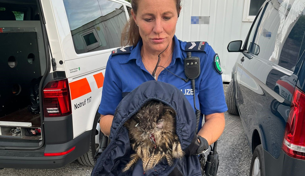 Eine Polizeipatrouille konnte den Uhu in eine Polizeijacke gehüllt von seinem ungeeigneten Landeplatz retten.