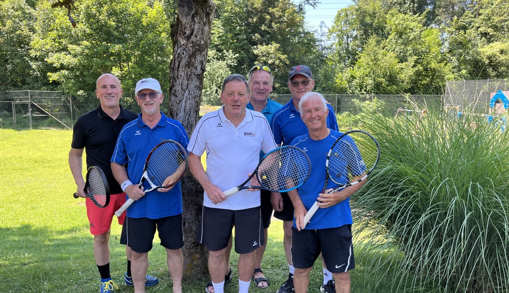 Den Senioren des TC Buchs, Selim Shemsedini, Christian Rothenberger, Hans Rothenberger, Wolfgang Schreiber, Cla Müller und Werner Göldi (von links), gelang der Aufstieg.  