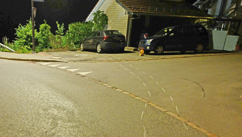 Das Unfallauto querte einen Hausvorplatz, durchbrach eine Hecke und stürzte den dahinterliegenden Hang hinab.