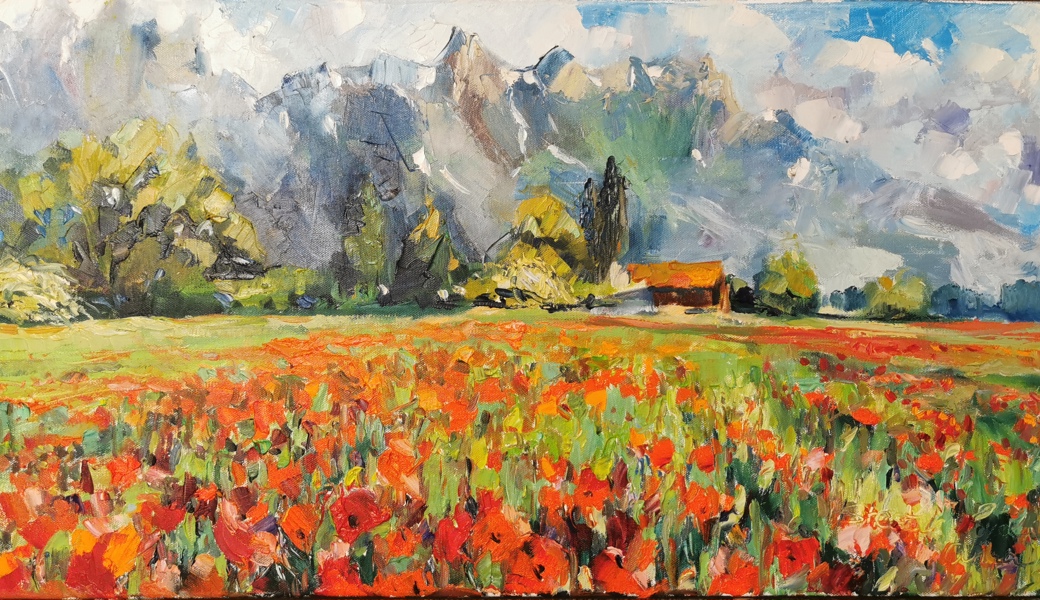 Das Bild «Mohnfeld» von Anna Shesterikova (80×40 cm, Öl, Leinwand).