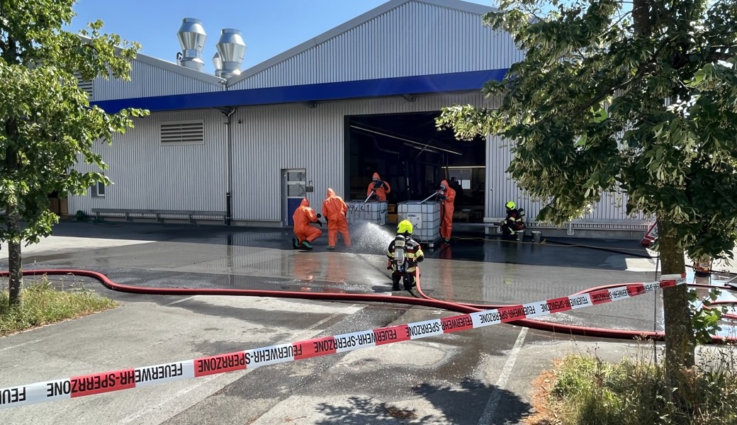 Feuer- und Chemiewehr kühlen den Container.