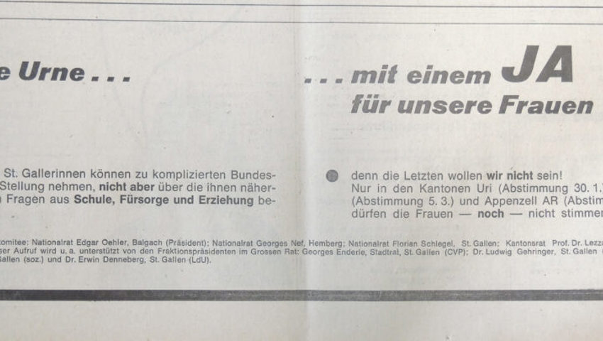  Politiker unterschiedlicher Parteien warben im W&amp;O vom 22. Januar 1972, einen Tag vor der Abstimmung, noch einmal für ein Ja zum Frauenstimm- und -wahlrecht auf kantonaler Ebene. 