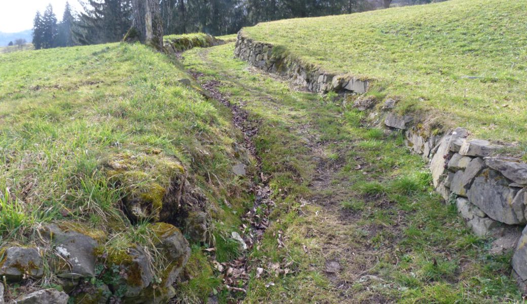  Bei «Tüfenbrunnen» verläuft ein historischer Weg in einer Hohlgasse. Die begleitenden Mauern sind teils in schlechtem Zustand, bilden aber mit dem geschwungenen Lauf einen besonders schönen Abschnitt. 