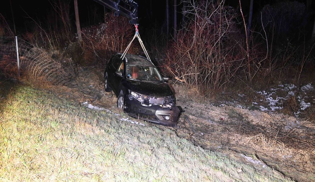 Nach der Auffahrkollision kam das Auto der 38-jährigen Fahrerin erst hinter dem Wildschutzzaun in einem angrenzenden Wald zum Stillstand. Kapo