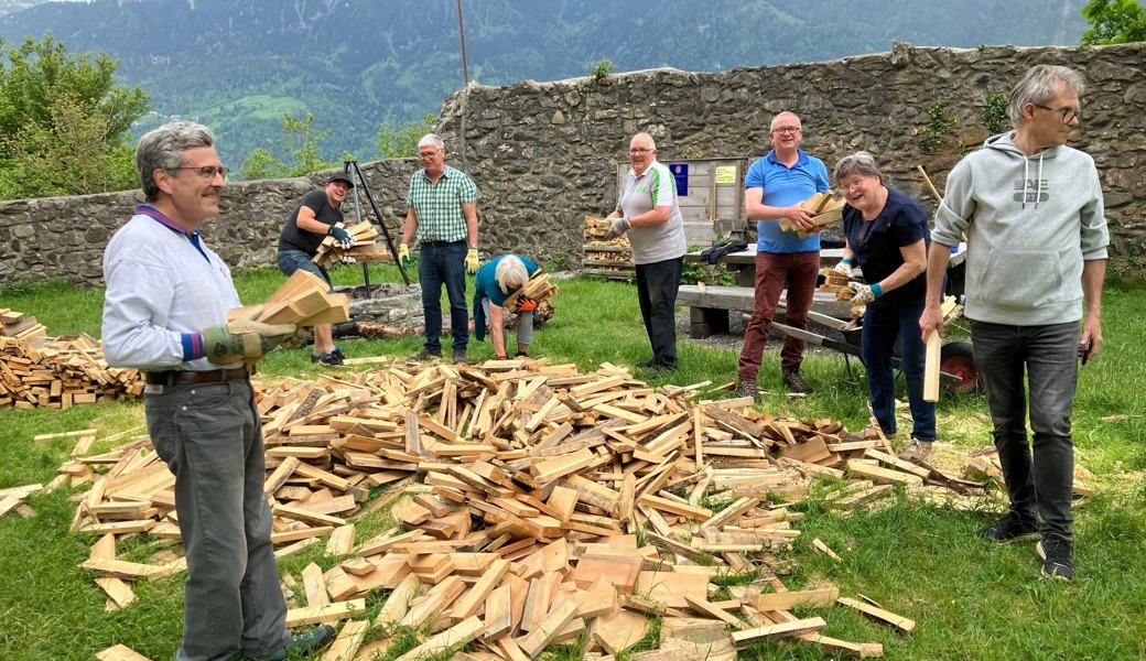 Mitglieder des Lions Clubs zusammen mit Angehörigen packen in der Burgruine Wartau an. 