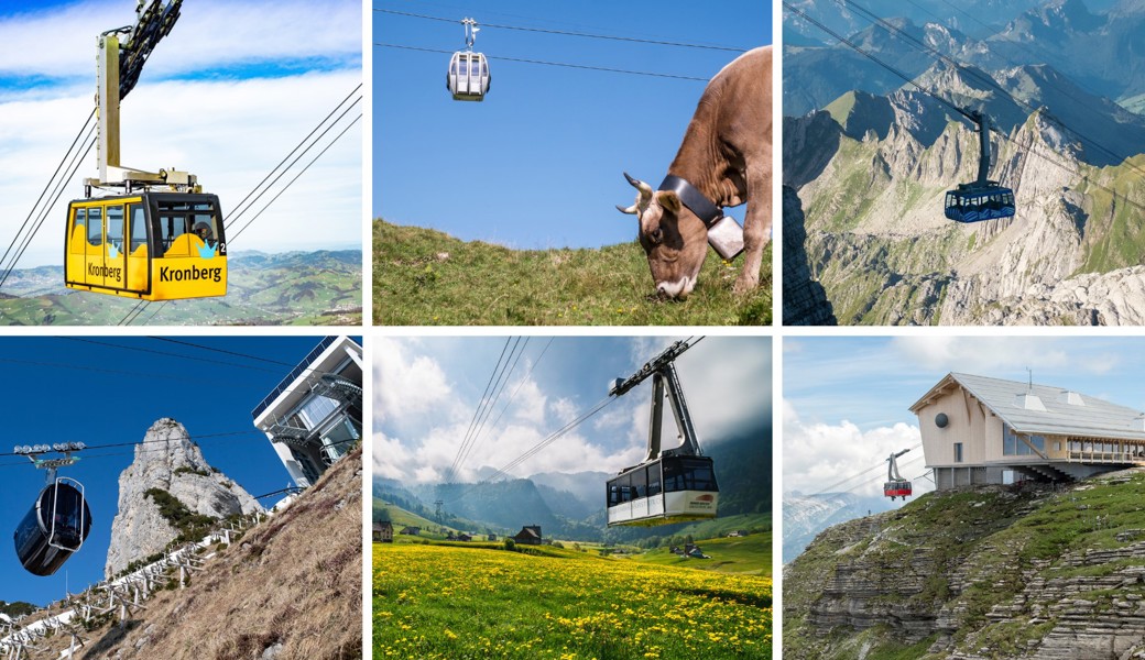 Ob mit der Seilbahn auf den Kronberg (links, oben) oder mit der Gondel auf den Maschgenkamm (Mitte, oben): Eine weitläufige Aussicht gibt es – wenn das Wetter mitspielt – in jedem Fall.