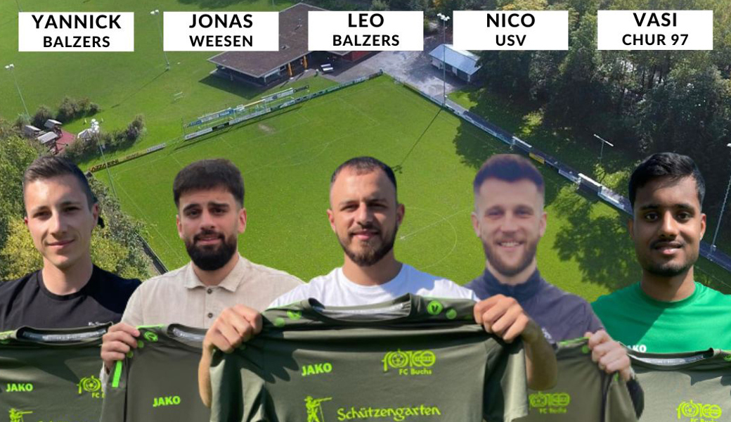 Ab der Saison 2023/24 spielen neu beim FC Buchs (von links): Yannick Heeb, Jonas Baydar, Leo Amzi, Nico Thöni und Mathusan Vasanthan.