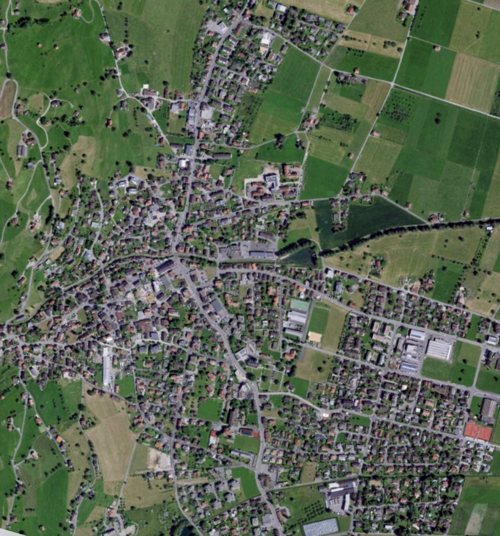  Satellitenbild von 2021 zeigt die Abnahme des Baumbestandes in der Gemeinde Grabs im Vergleich mit dem Satellitenbild von oben. 