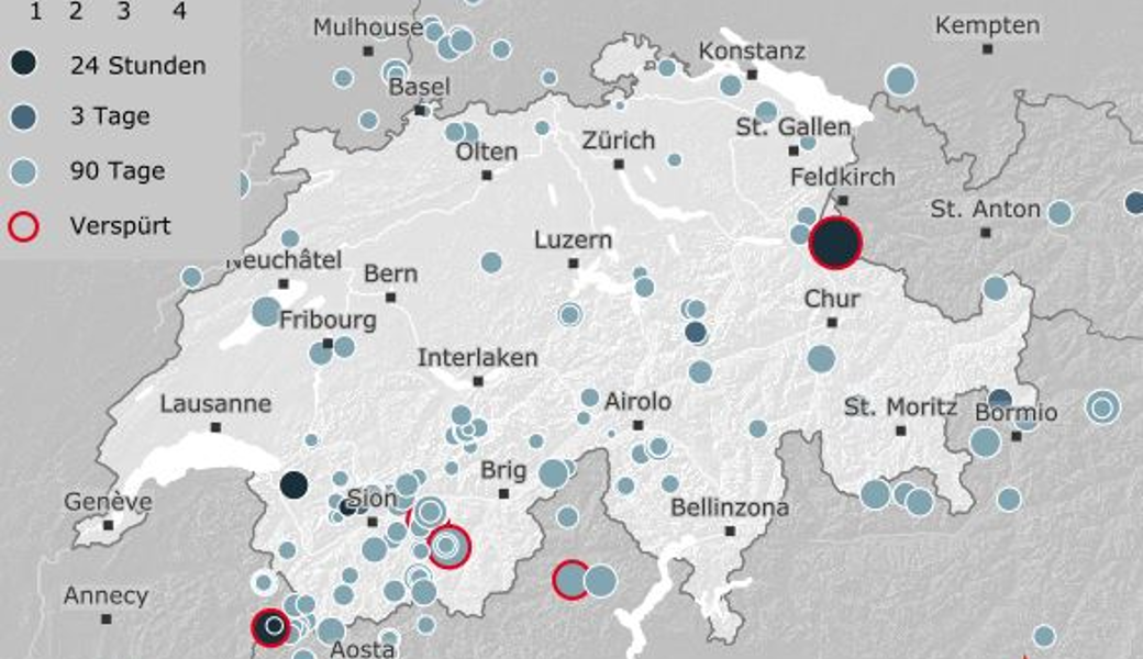  Blick auf die Erdbebenkarte von heute: Das Beben in Vaduz war weitherum spür- und hörbar. 