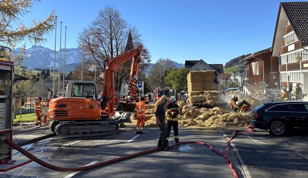 Mitarbeiter einer Strassenbaufirma reagierten sofort und begannen, den Brand zu bekämpfen. 