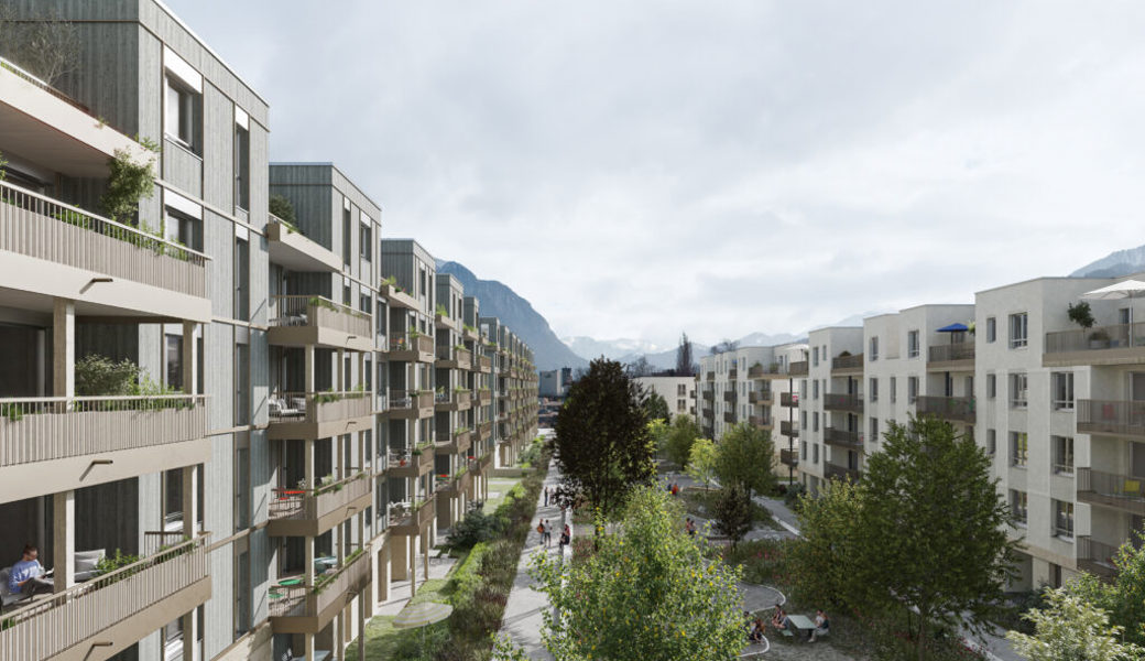  Die Visualisierung der Wohn- und Gewerbeüberbauung Rheincity: Hier eine Ansicht auf den Innenhof in Richtung Süden. 